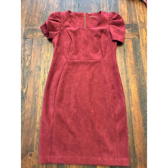 Calvin Klein Dresses & Skirts - Calvin Klein Burgundy Faux Suede Sheath Dress Puff Sleeves Women's Size 12 Chic
